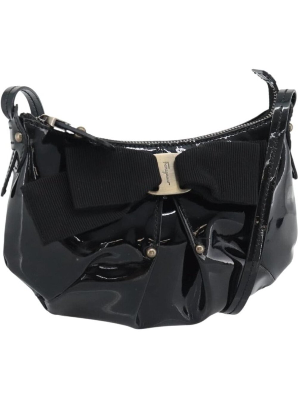 Salvatore Ferragamo Vala Shoulder Bag Patent Black Silver